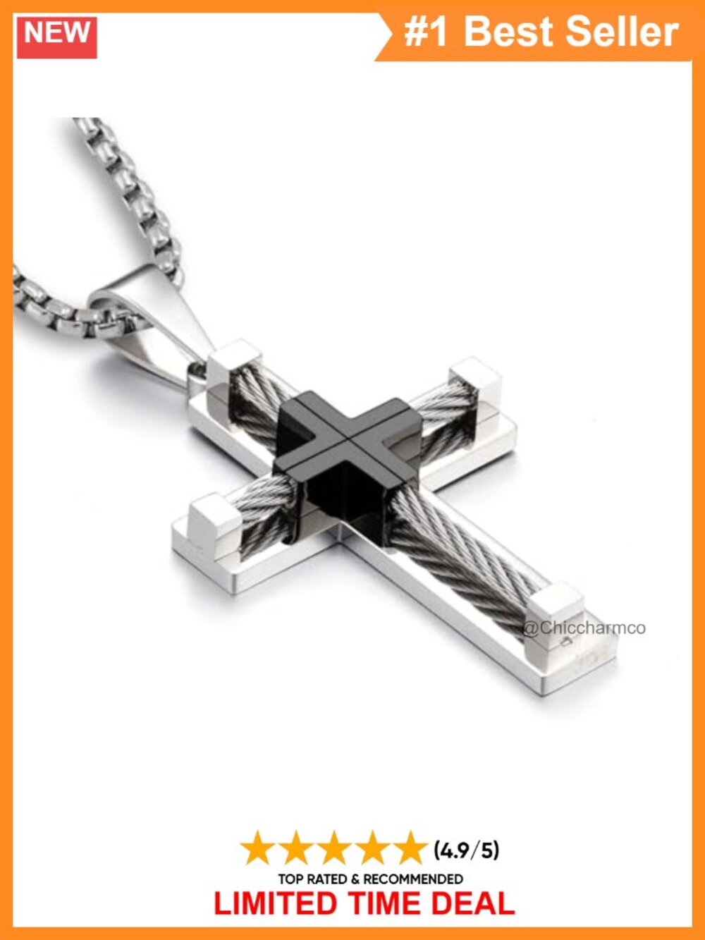 Men's Cross Necklace 316L Stainless Steel Rolo Chain Religious Pendant